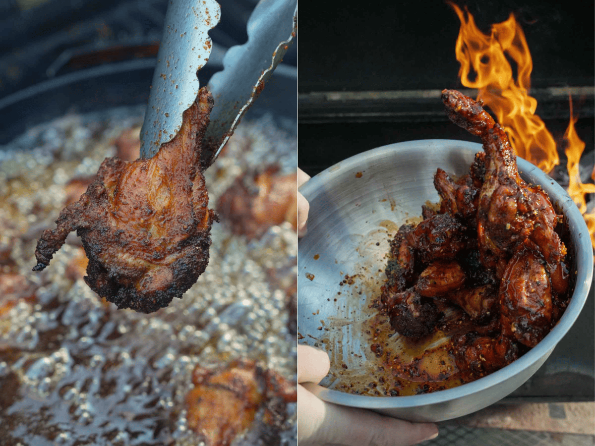 Chicken wings fried and tossed in a bowl with hot honey butter sauce