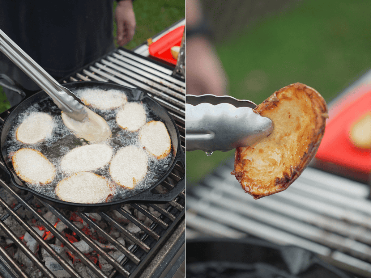 Frying potato skins in oil in a cast iron skillet, then holding a finished fried skin with tongs close up to show texture