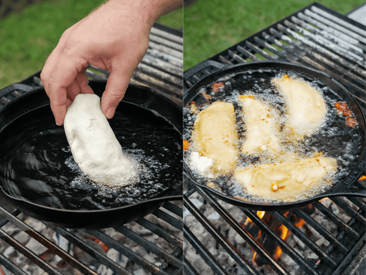A hand dipping a shaped quesadilla into the hot fry oil in a cast iron skillet and then a progress shot of four fried quesadillas cooking