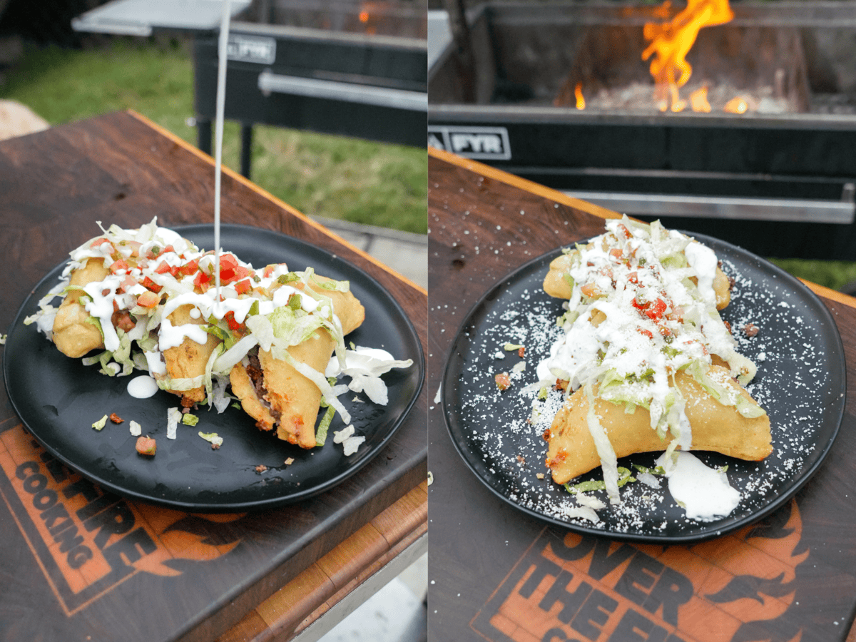 Garnishing the fried quesadillas on a plate with a drizzle of sour cream, plus shredded lettuce, pico de gallo and crumbled cotija cheese