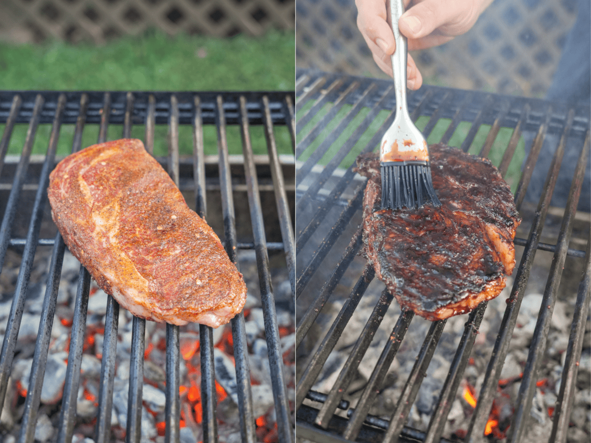 The seasoned ribeye steak is grilled and basted while it cooks to a medium temperature. 