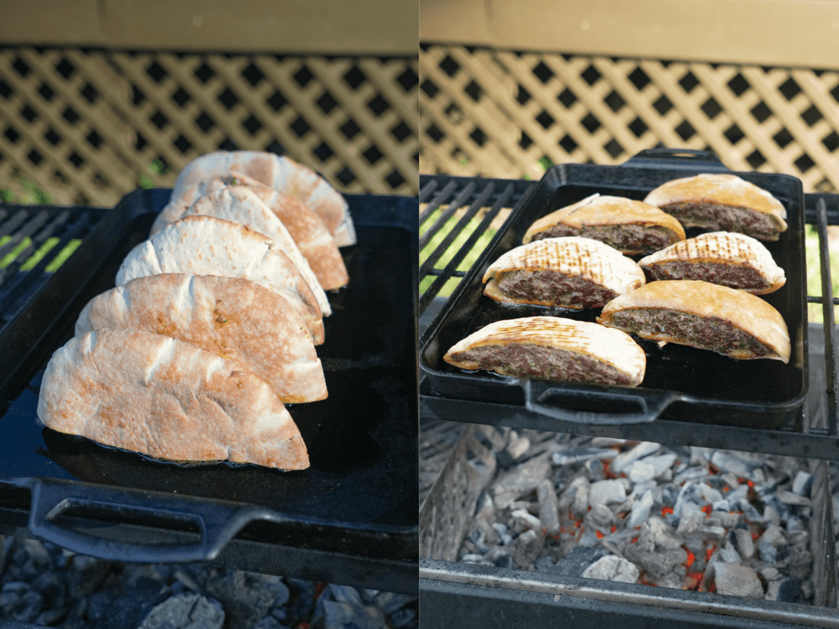 The pita pockets are sliced and ready to get onto the grill.