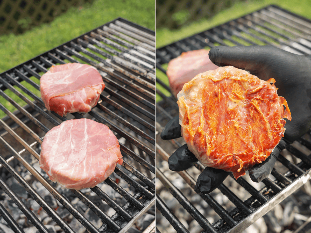 Two photos side by side of brie wrapped in prosciutto uncooked and cooked, with a gloved hand holding the finished product