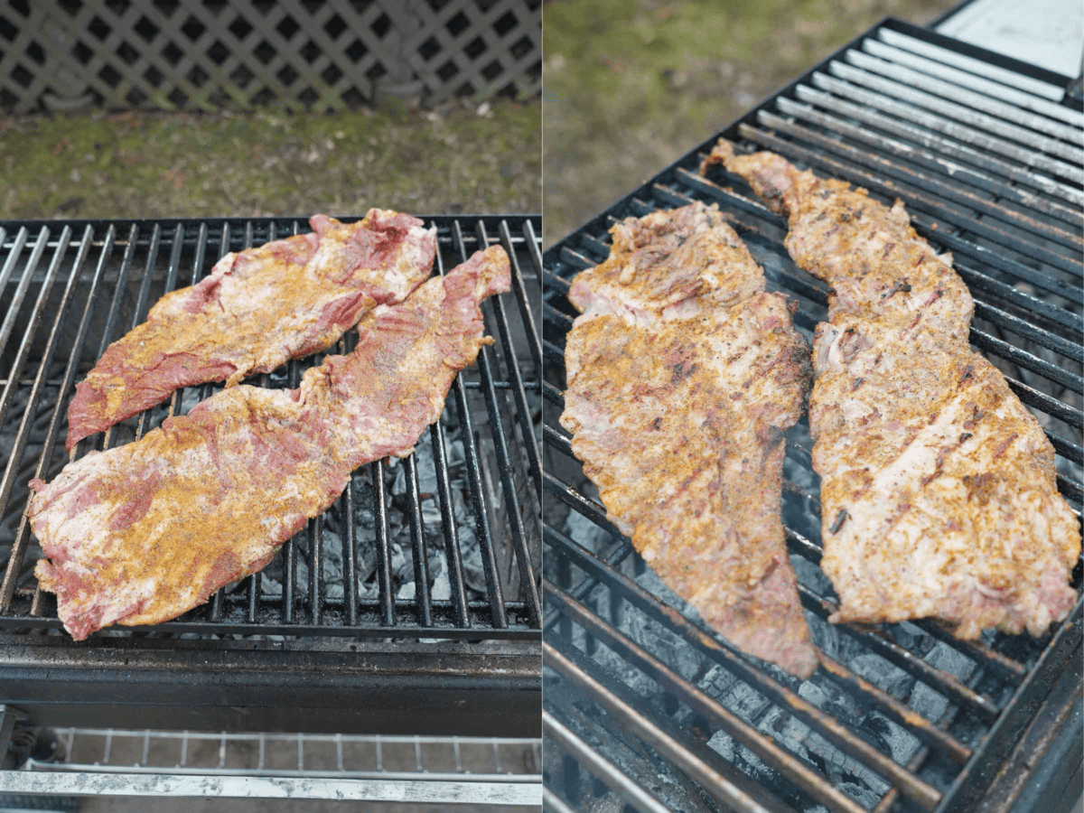 Side by side photos of pork skirt steak on the grill, raw and then cooked