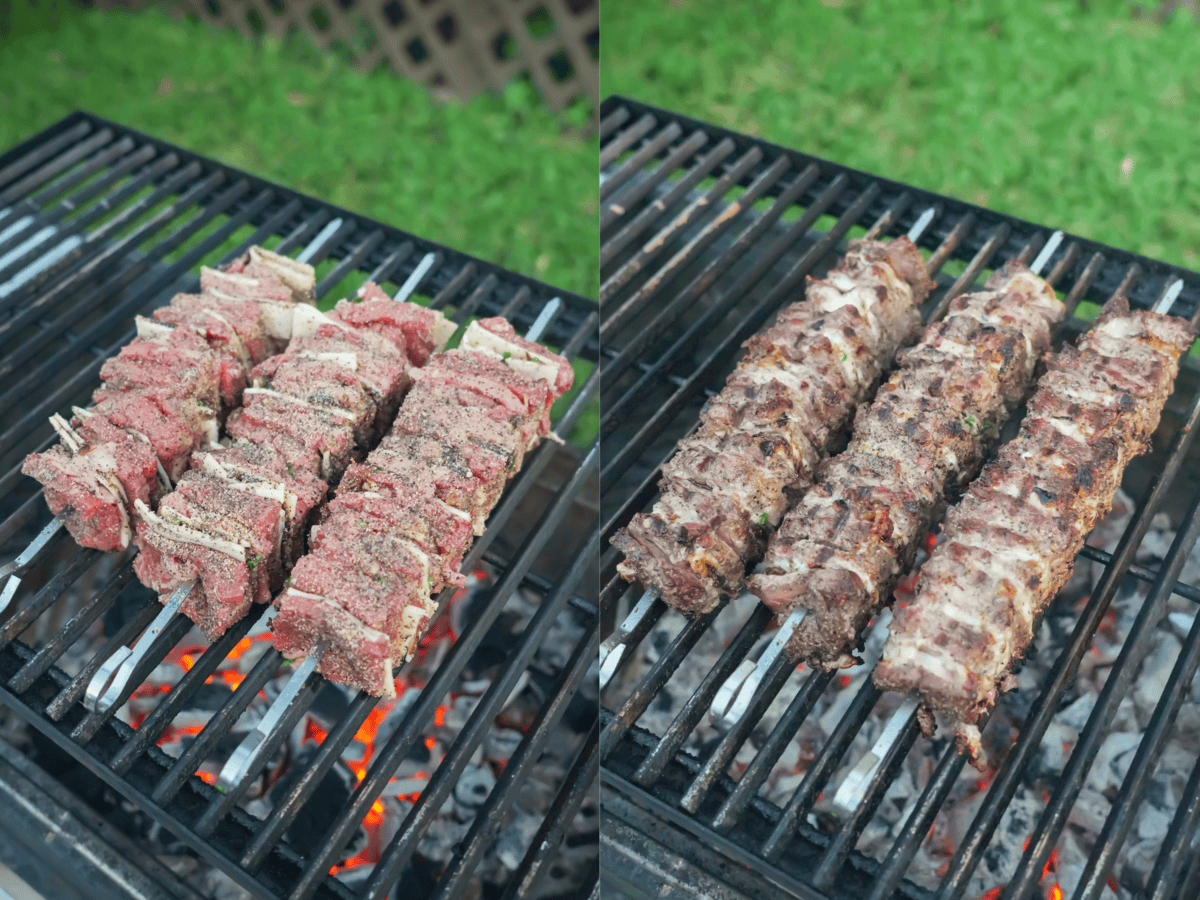 2 images show the before and after grilling the beef skewers.