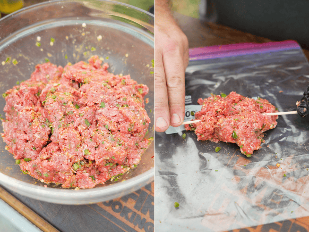 Mixing together ground beef with jalapeño, garlic and Cowboy Butter Rub, then threading around a wooden skewer