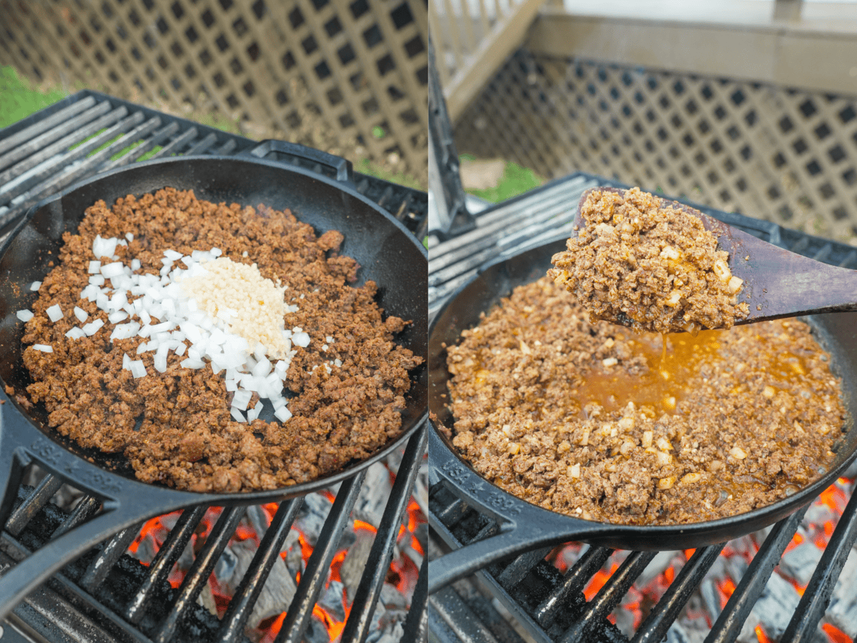 Browned ground venison in a cast iron skillet with taco seasoning
