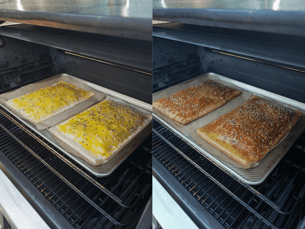 Progress photos of the chicken bacon ranch hot pocket on the smoker, one where the puff pastry is unbaked and the other where the puff pastry is golden crispy brown