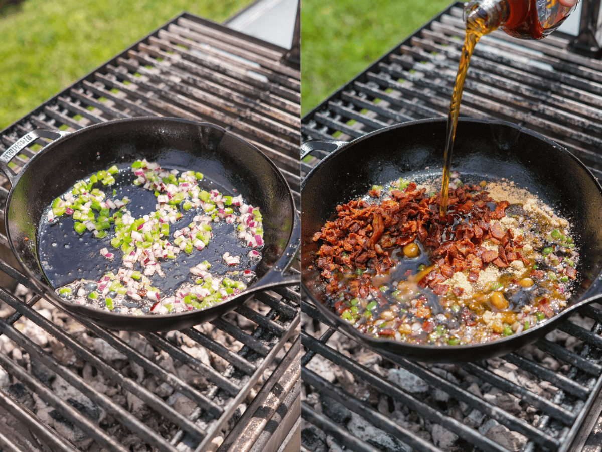 Adding red onions, jalapeños, brown sugar and maple syrup to bacon in the skillet to make bacon jam