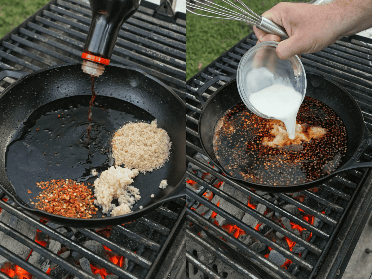 Pouring soy sauce, brown sugar, red chili flakes and cornstarch slurry into a pan