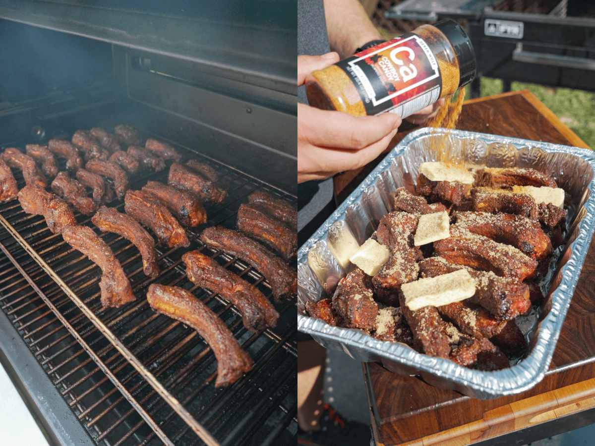 The ribs are on the grill and getting seasoned with Derek's new Cowboy Candy Rub.