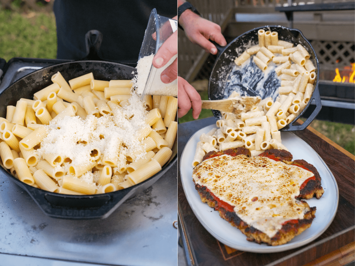 Heating up rigatoni in a cast iron skillet with butter and grated Romano. Then adding the pasta to the finished plate.
