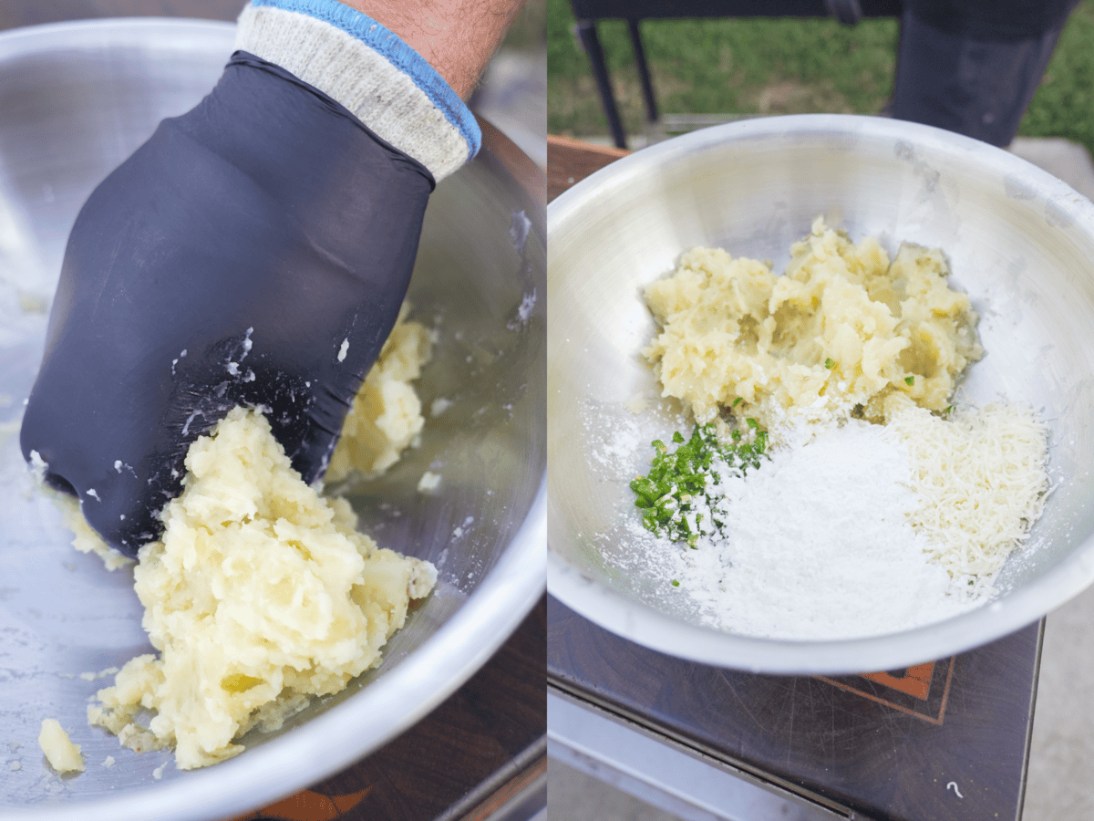 Mashing golden potatoes in a bowl and then adding jalapeño popper ingredients