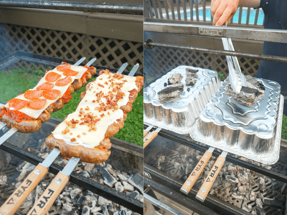 Melting mozzarella cheese on the two types of pizza sausage skewers, using aluminum foil grill pans to cover