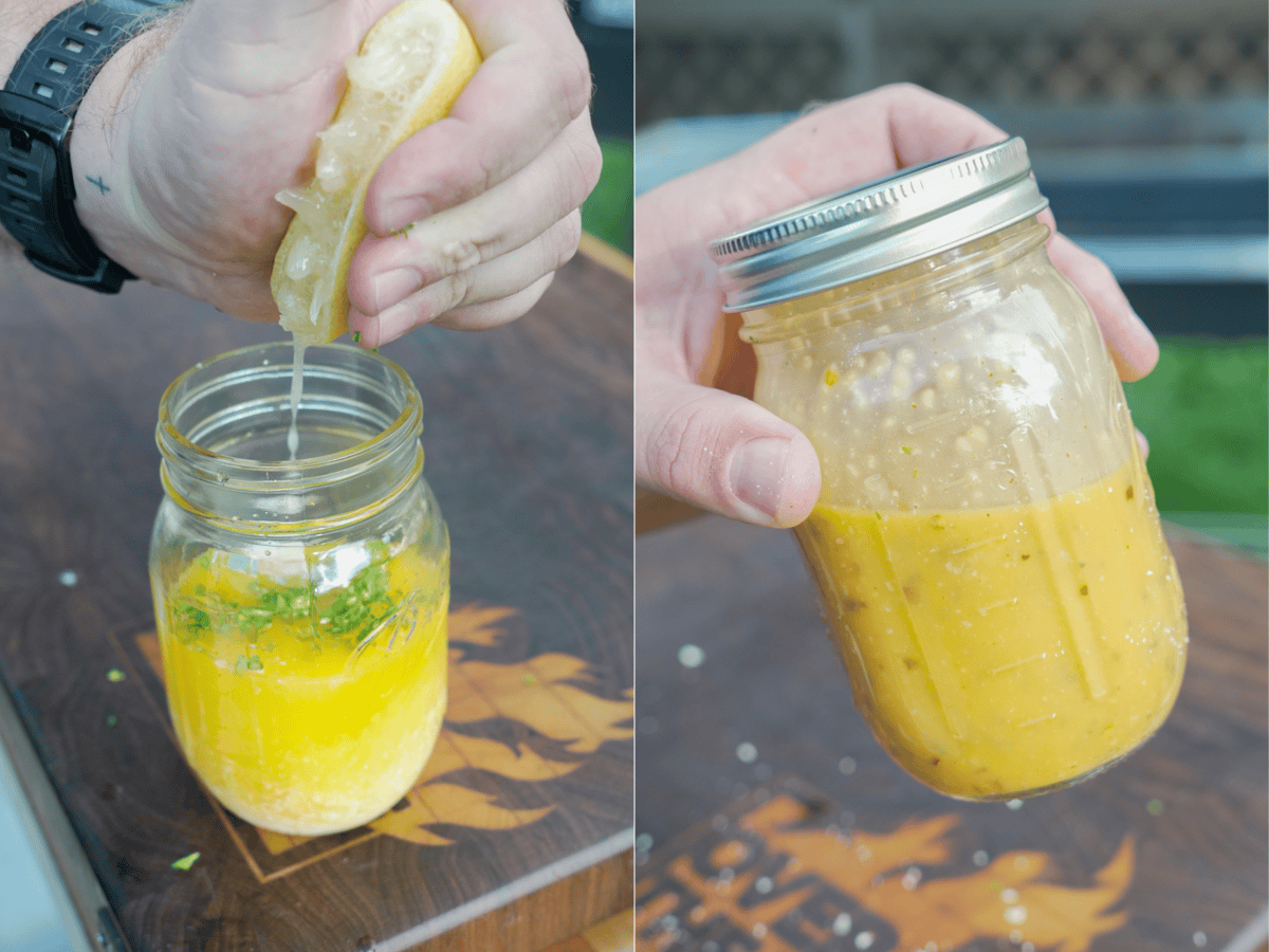 Mixing together the garlic Parmesan butter in a mason jar and adding lemon