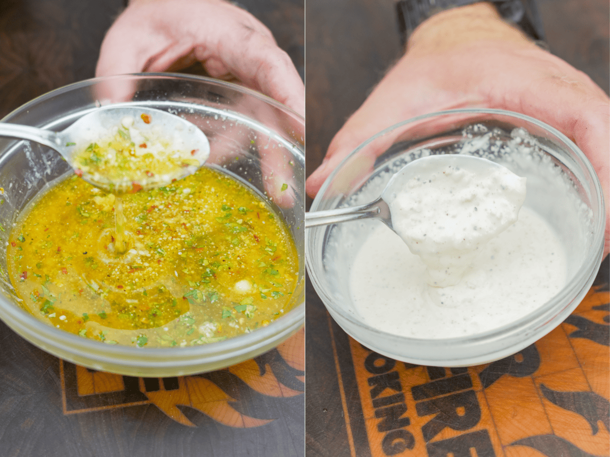 Two bowls, one with garlic Parmesan butter and a spoonful over it and another bowl with garlic aioli and another spoonful