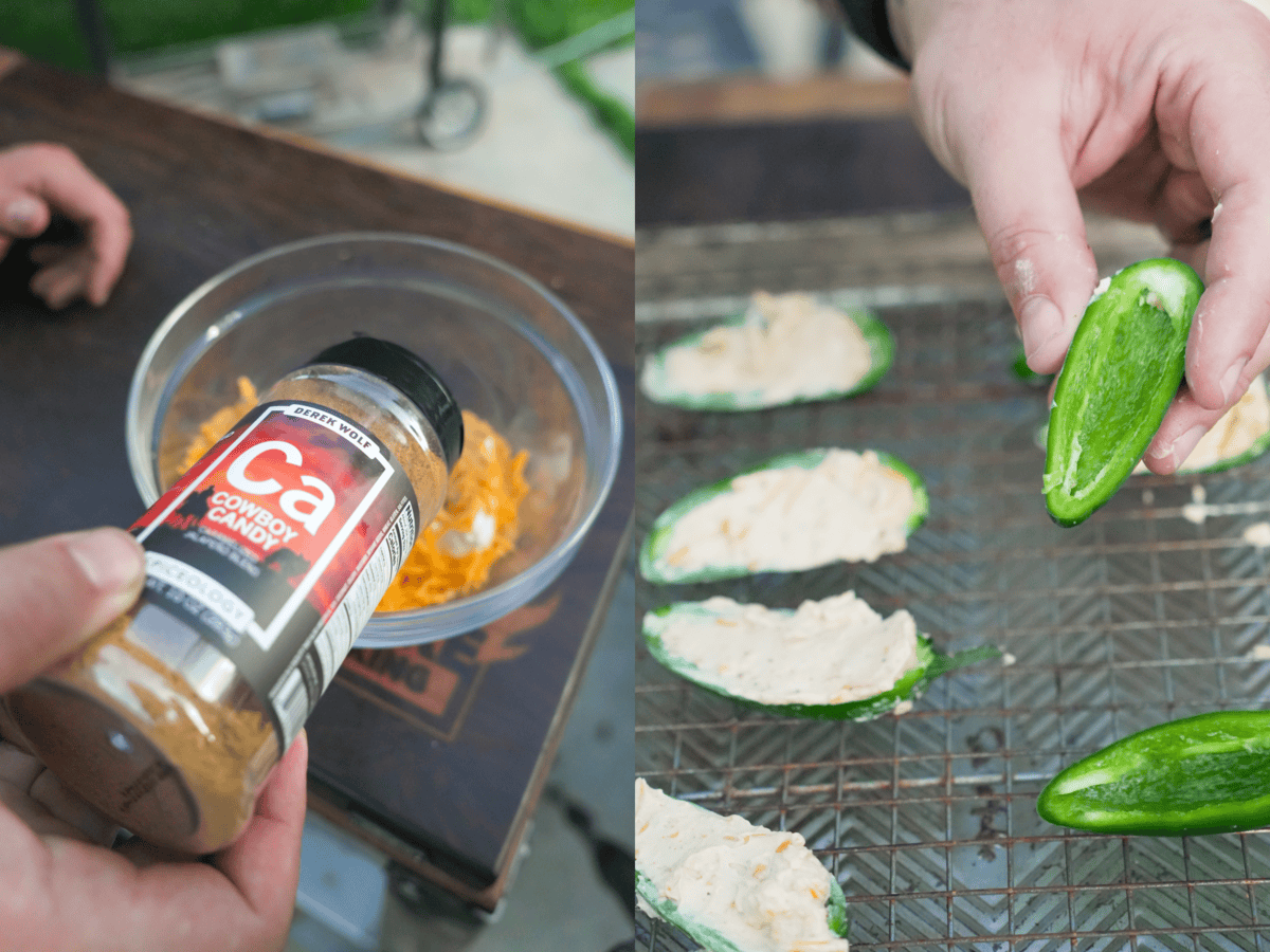 Mixing together cream cheese and cheddar cheese filling and seasoning with Cowboy Candy Seasoning, then stuffing fresh jalapeño peppers with the cheese mixture