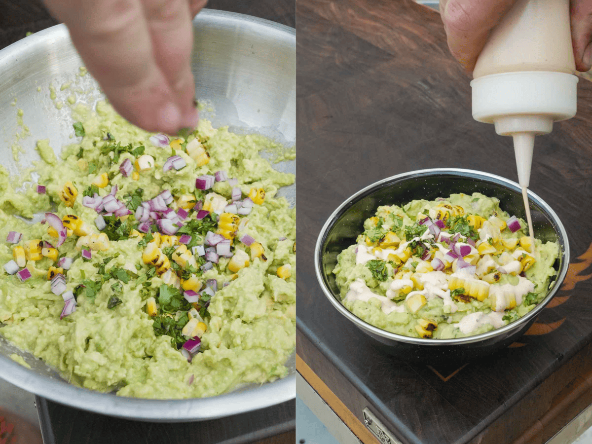 Mixing together guacamole, corn, cotija, Tajin seasoning and elote sauce