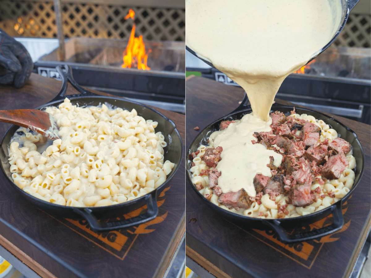 Adding steak and cheese to the Mac and cheese.