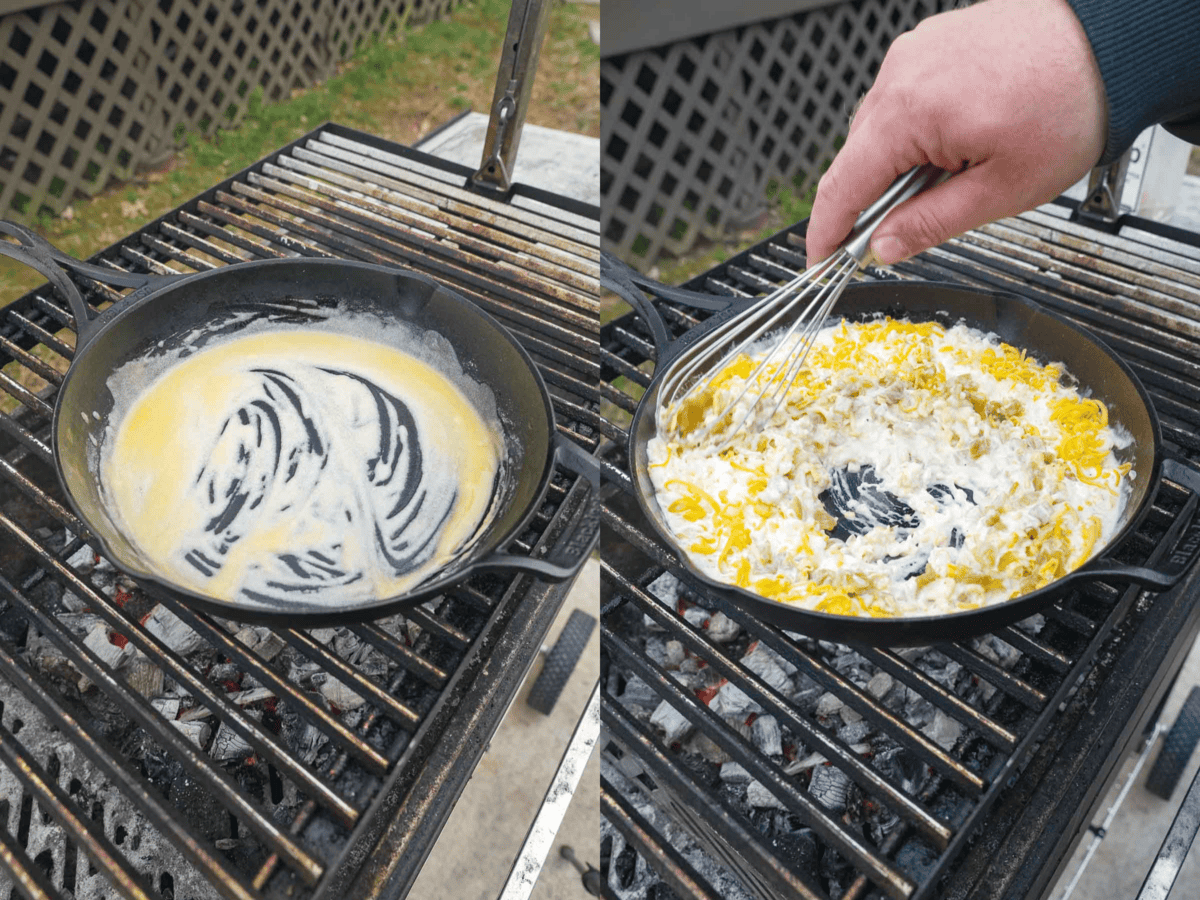 Mixing butter and flour to make a roux for queso, then adding in shredded cheeses