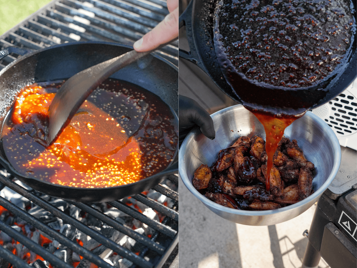 Mixing together gochujang glaze with honey, soy sauce and brown sugar and pouring over cooked chicken wings