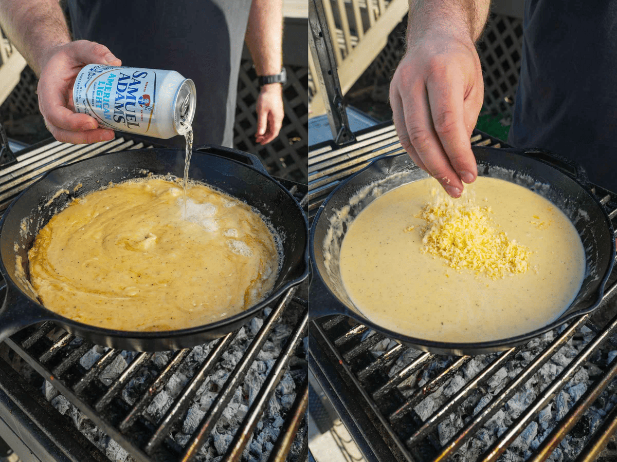 Mixing the homemade beer cheese sauce for BBQ mac and cheese