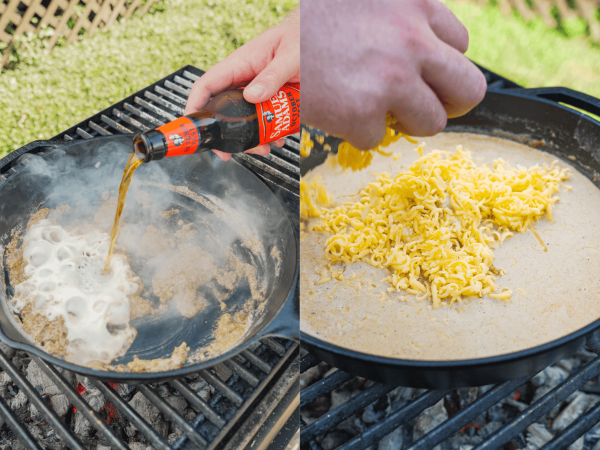Derek builds the thick dip with some flour in the cast iron skillet. He layers in sharp cheddar cheese, which pairs beautifully with the Samuel Adam beer.