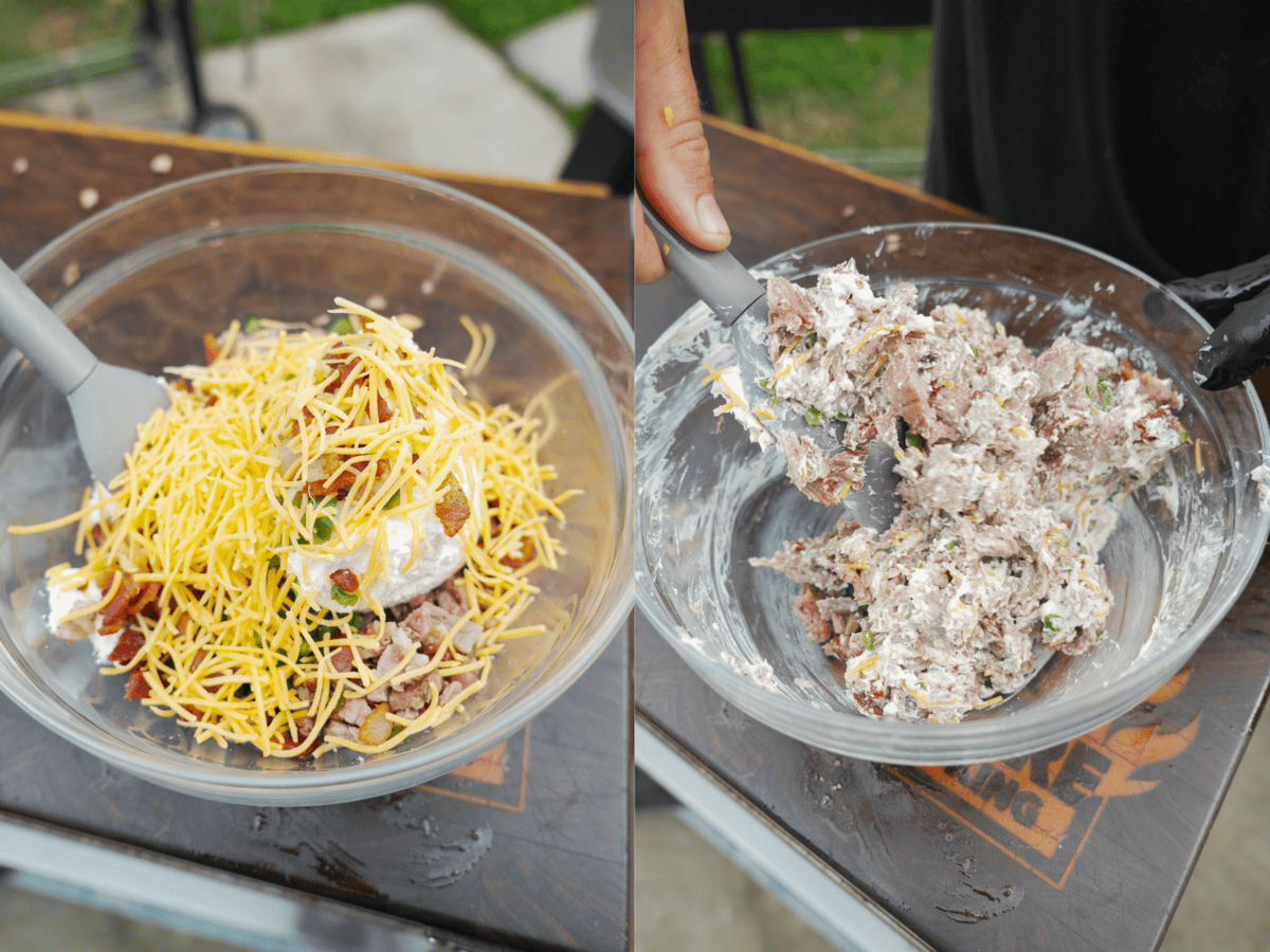 Mixing together filling with brisket, bacon bits, cheddar, cream cheese and diced jalapeños