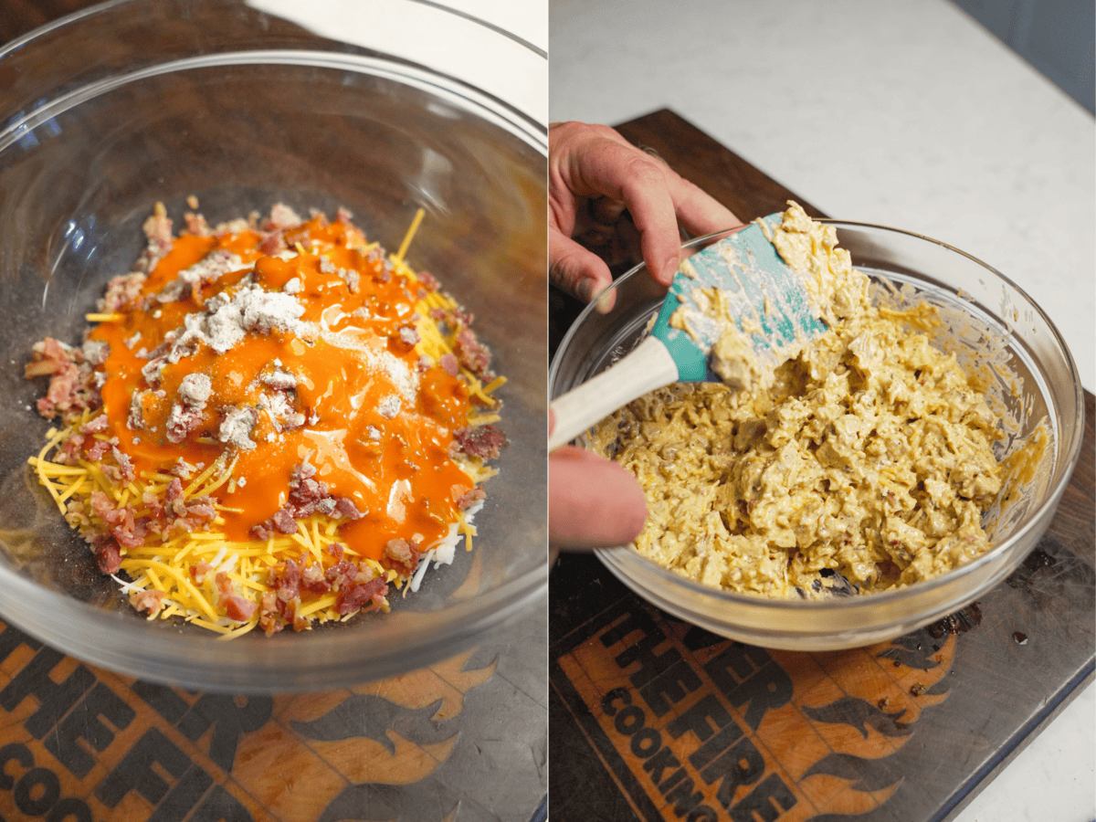 Mixing together chopped chicken, cheddar cheese, mozzarella cheese, cream cheese, bacon bits, ranch dressing and Buffalo sauce with a spatula in a large bowl