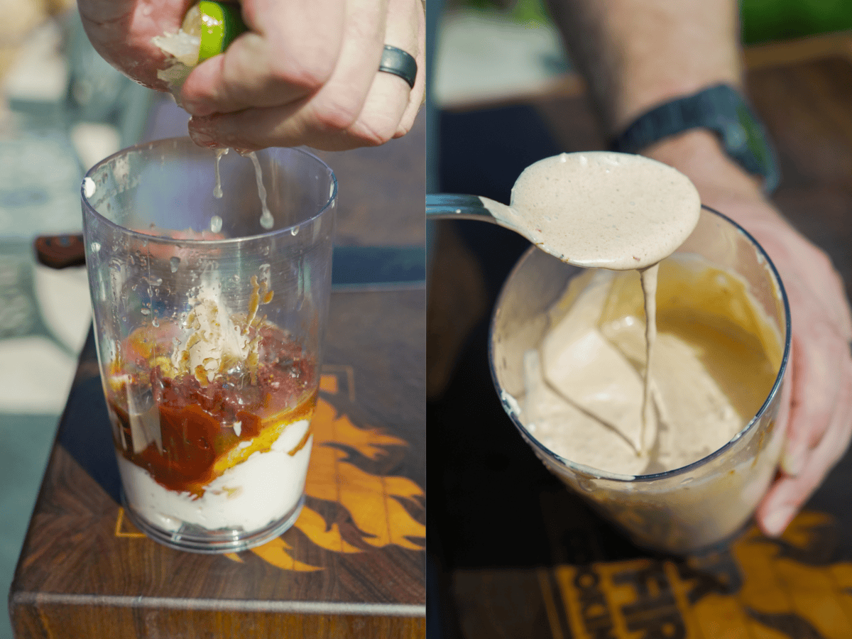 Mixing the aioli sauce for dipping.