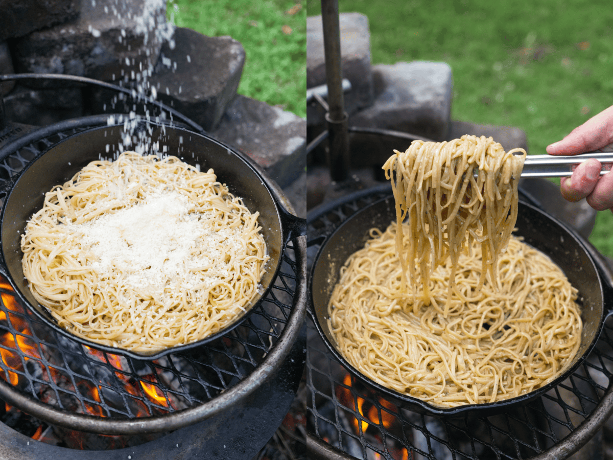 Salting cooked pasta in a cast iron skillet on the grill and using tongs to toss the pasta with the scampi sauce