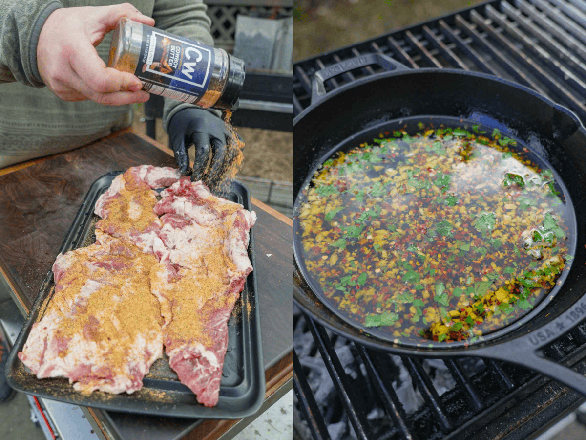 Seasoning pork skirt steak and making Spanish garlic oil with olive oil, garlic, parsley, sherry vinegar, chili flakes and kosher salt