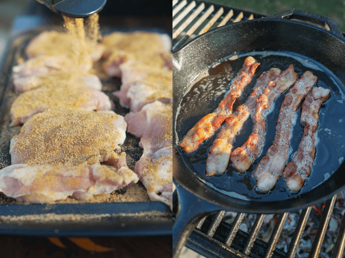 The chicken is grilled to perfection on the FYR Grill, while the bacon is fried until crispy in a cast iron pan until crispy
