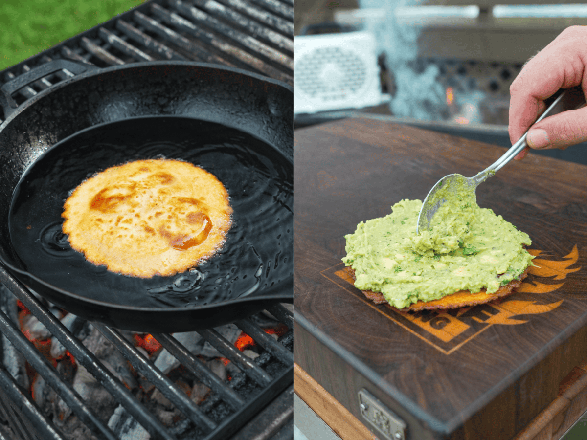 Frying a corn tortilla in a cast iron skillet, then using a spoon to spread a layer of homemade guacamole on the cooked tostada shell