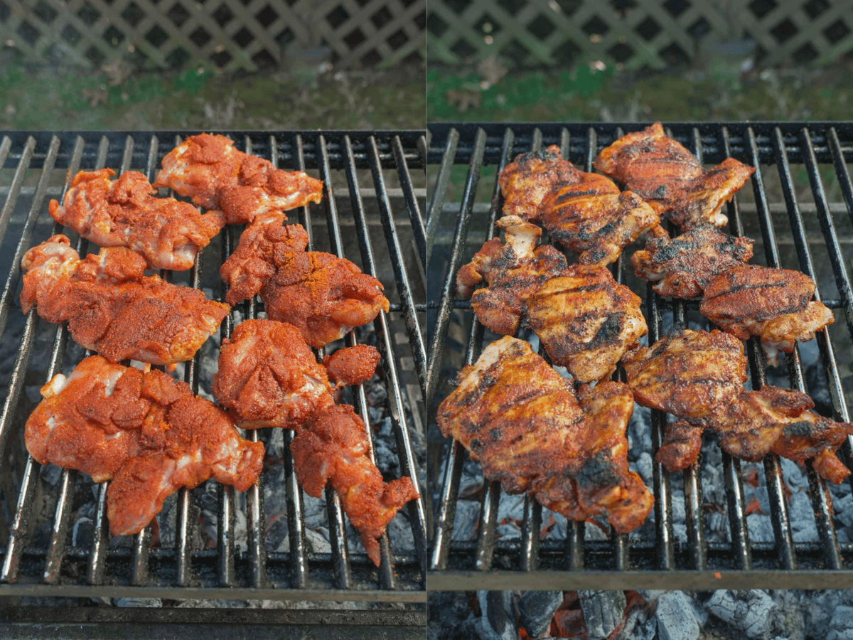 Two photos side by side of raw seasoned boneless chicken thighs and cooked chicken thighs on the grill
