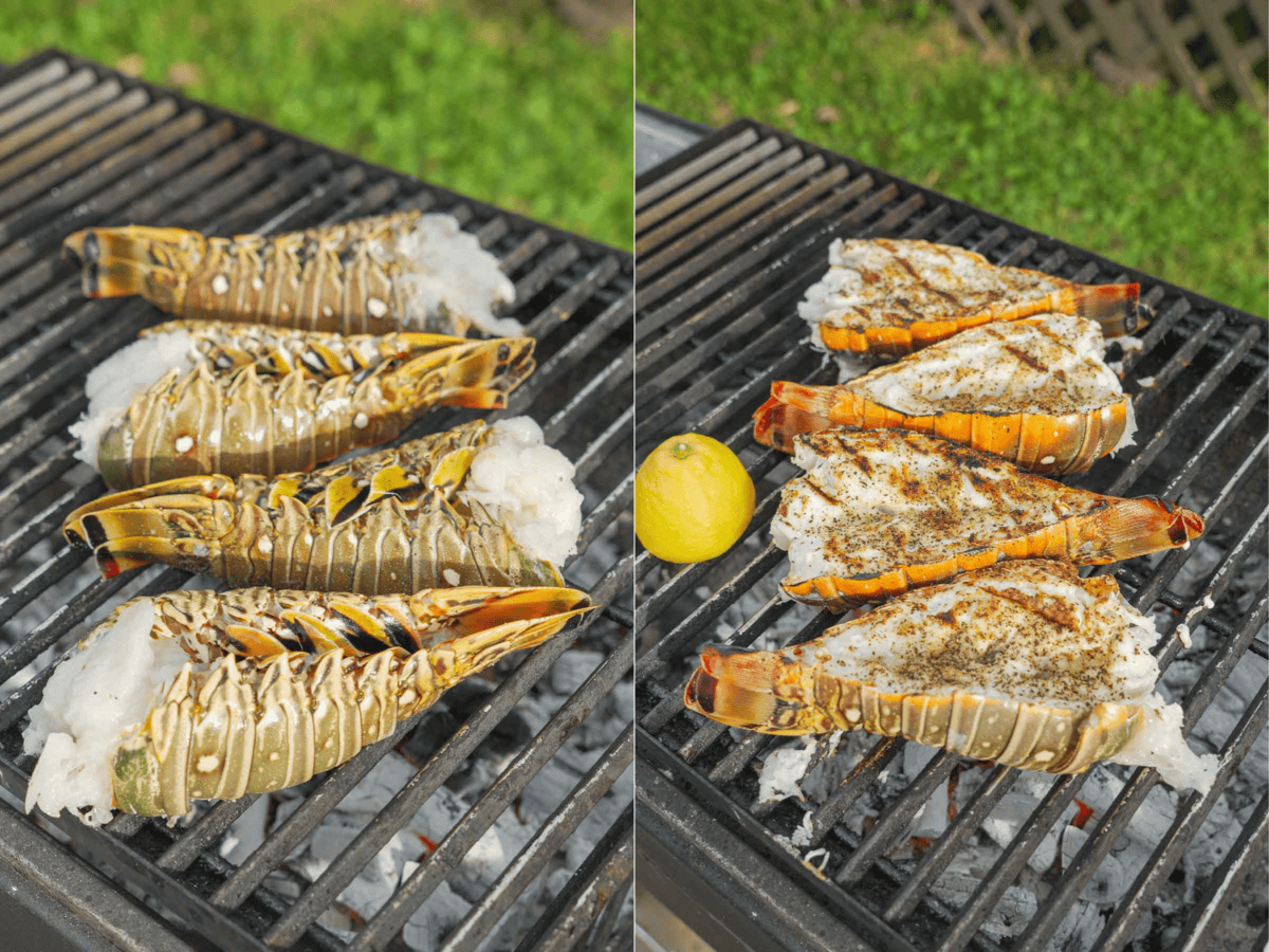 Four raw and cooked lobster tails on the grill
