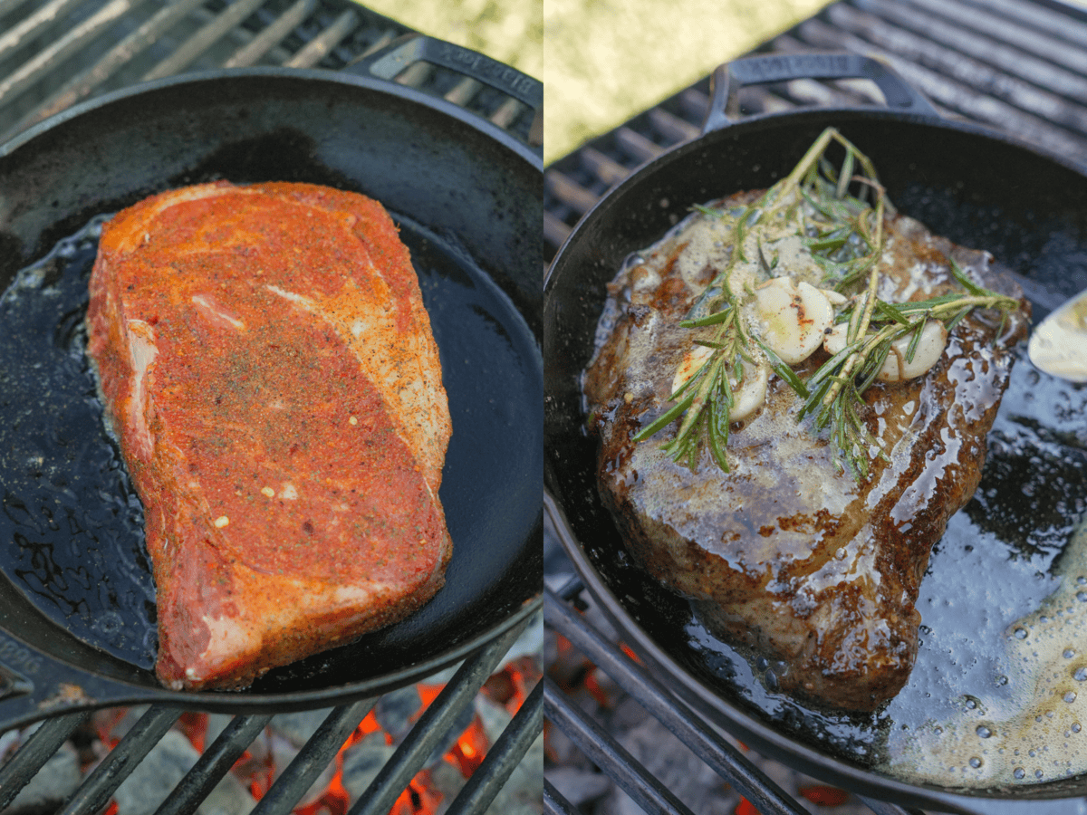 The raw seasoned rib-eye on the left and the perfectly cooked ribeye steak on the right.