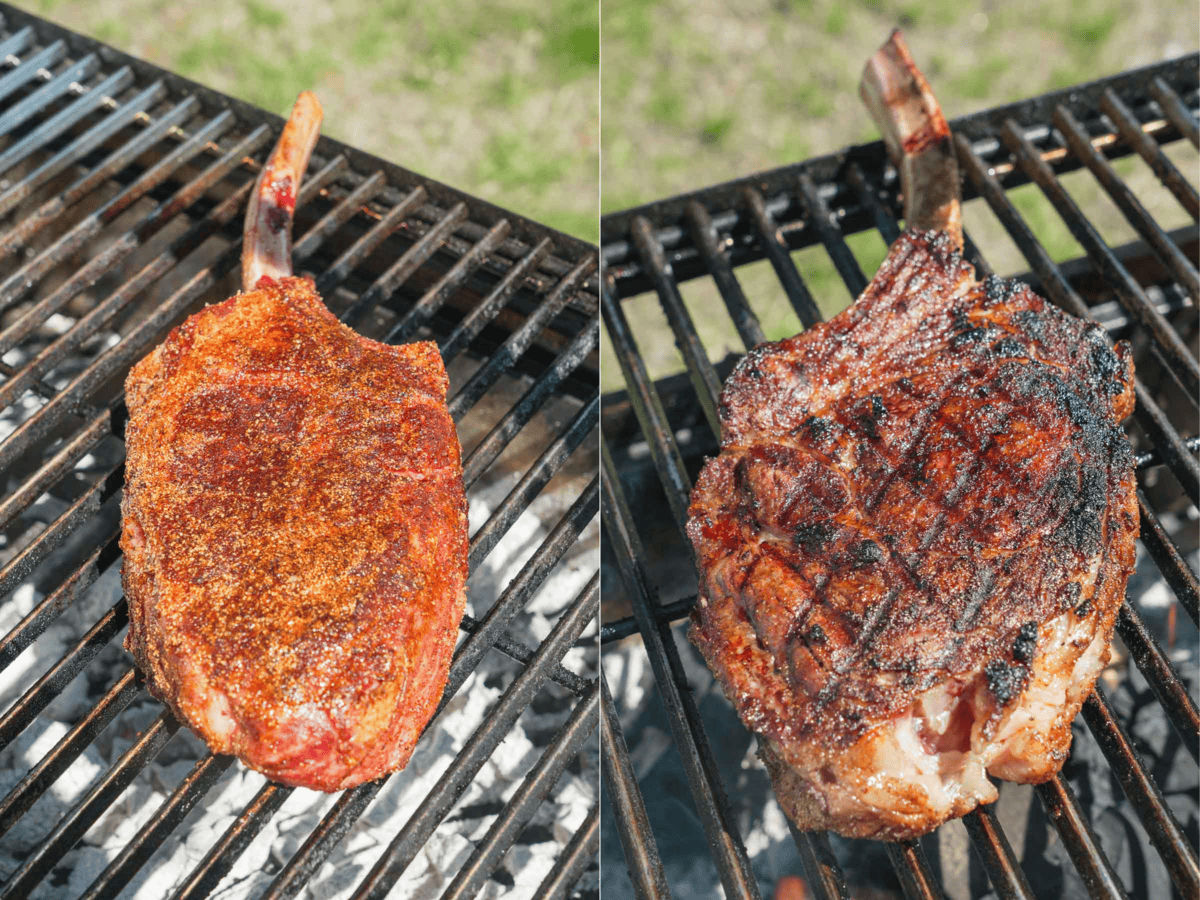 The bone-in steak is grilled and gets those beautiful marks everyone loves on their juicy steak.