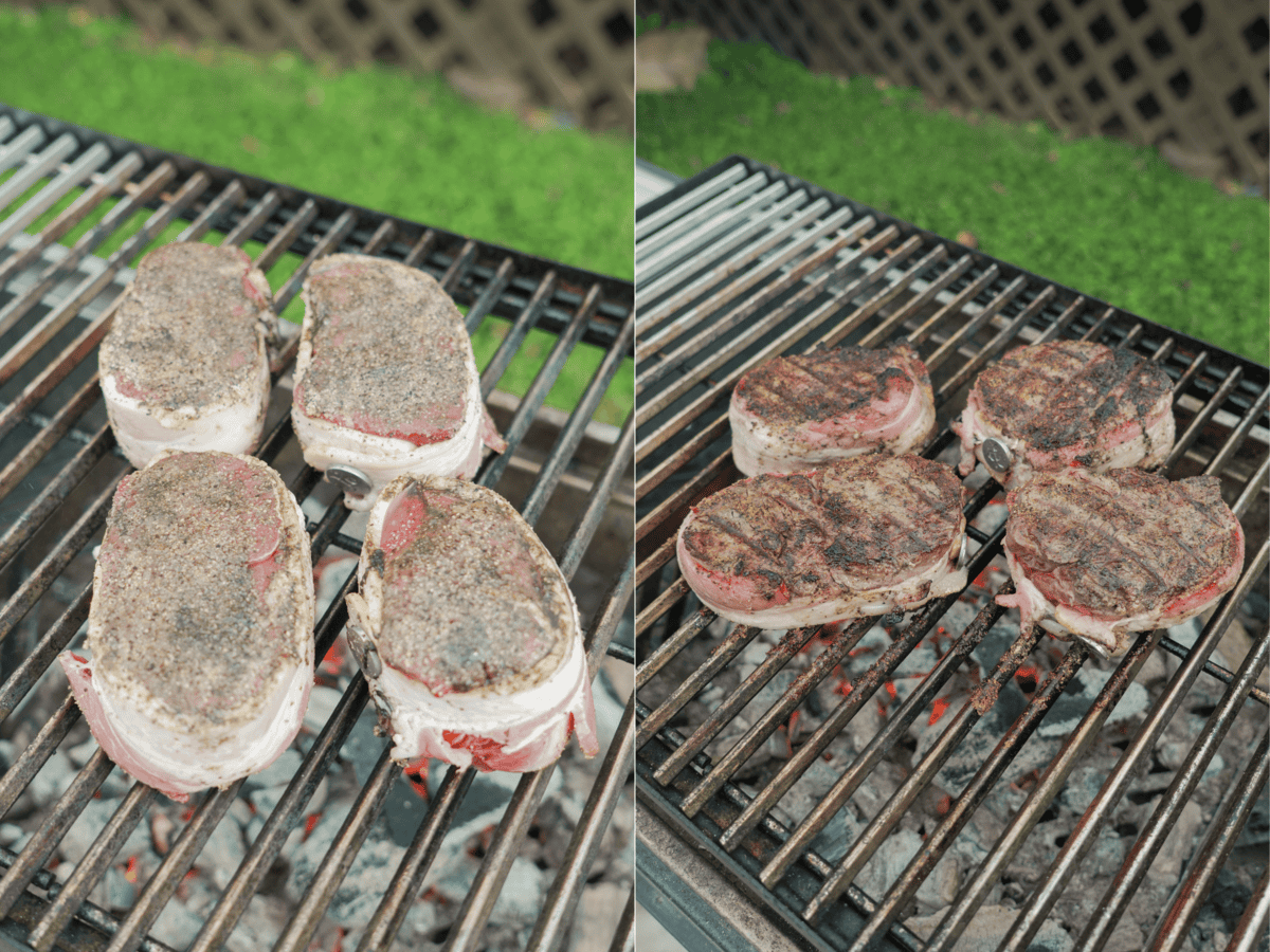 The bacon-wrapped filets are cooked over the grill.