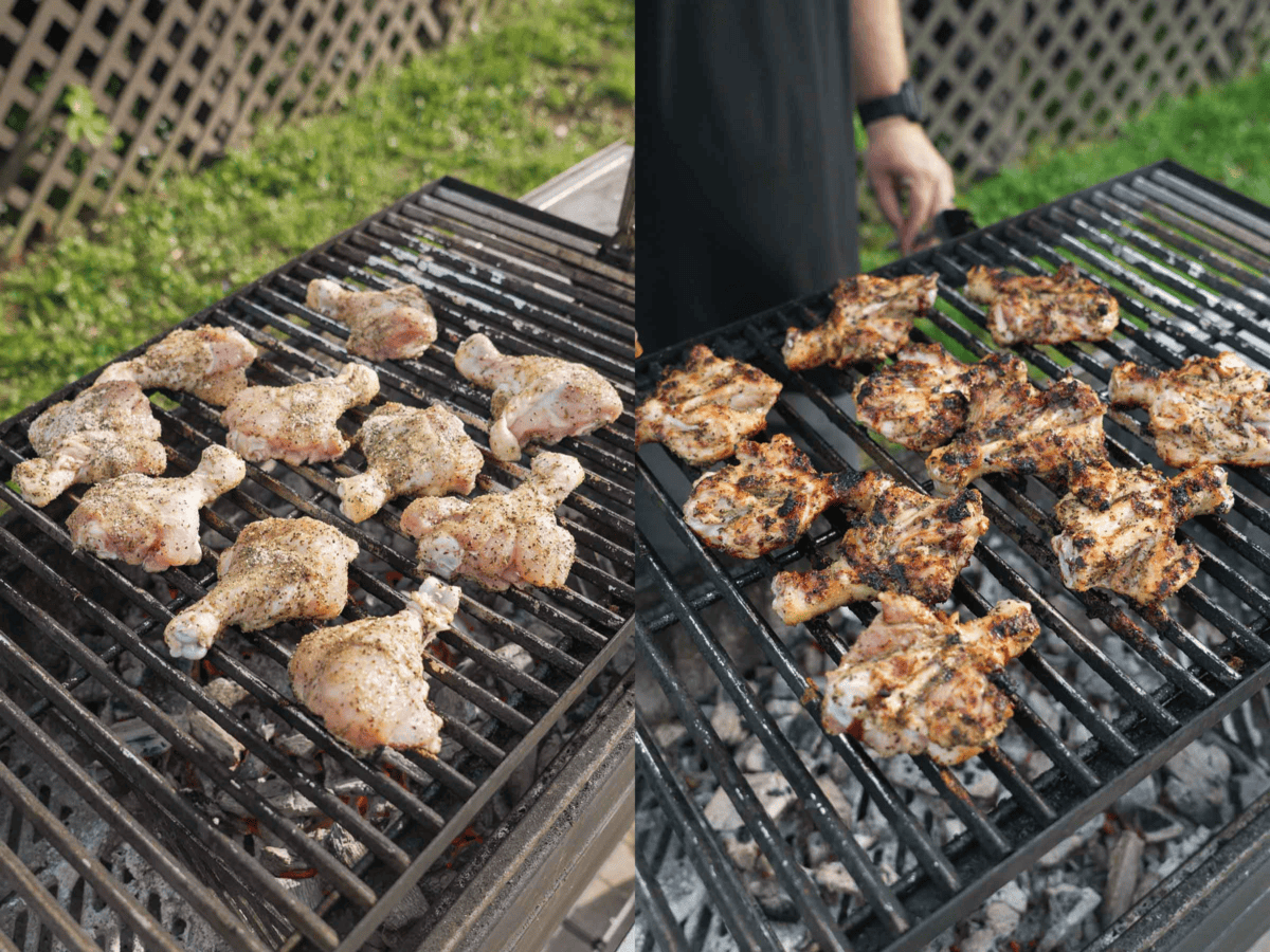The chicken drumsticks are grilled to perfection on the FYR Grill, designed by Derek Wolf.