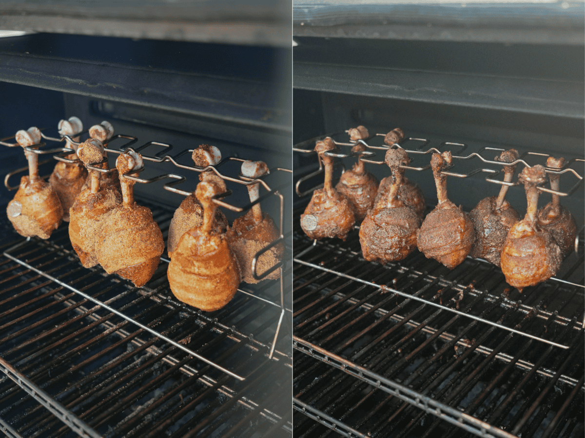 Raw and smoked chicken lollipops on the grill