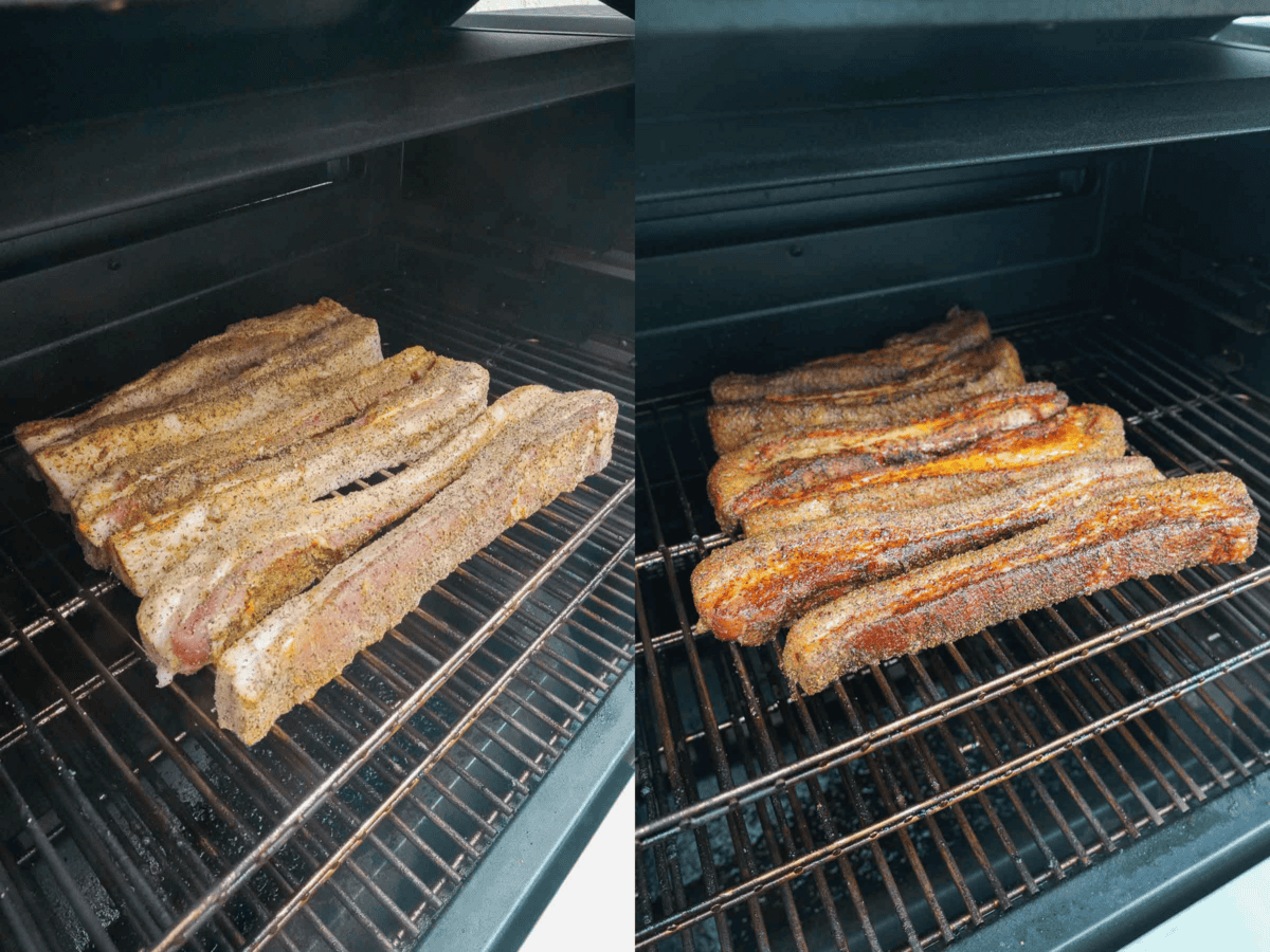 Raw and smoked strips of pork belly on the grill