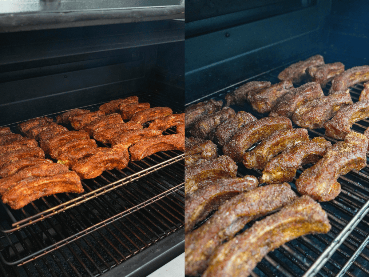 This photo lineup shows the before and after of raw seasoned ribs and party ribs that are smoked.