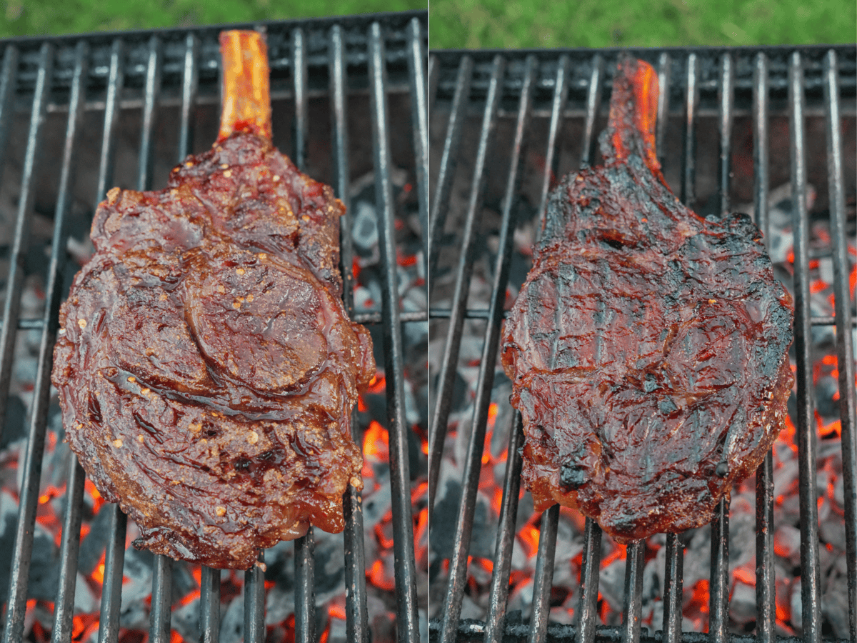 Close-up of beef steak being seared over high heat with defined grill marks and bubbling juices.