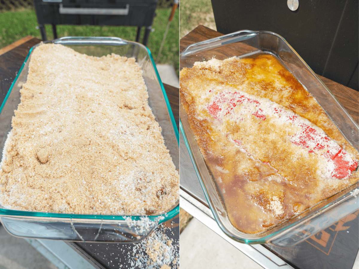 The gorgeous fresh salmon is covered and cure in a baking dish.