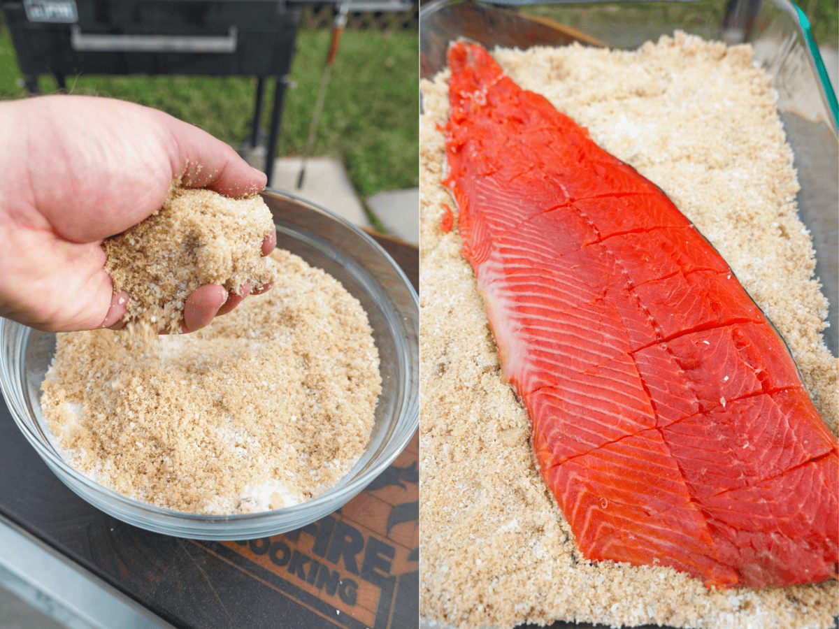 The gorgeous pink salmon is first coated in salt and brown sugar.