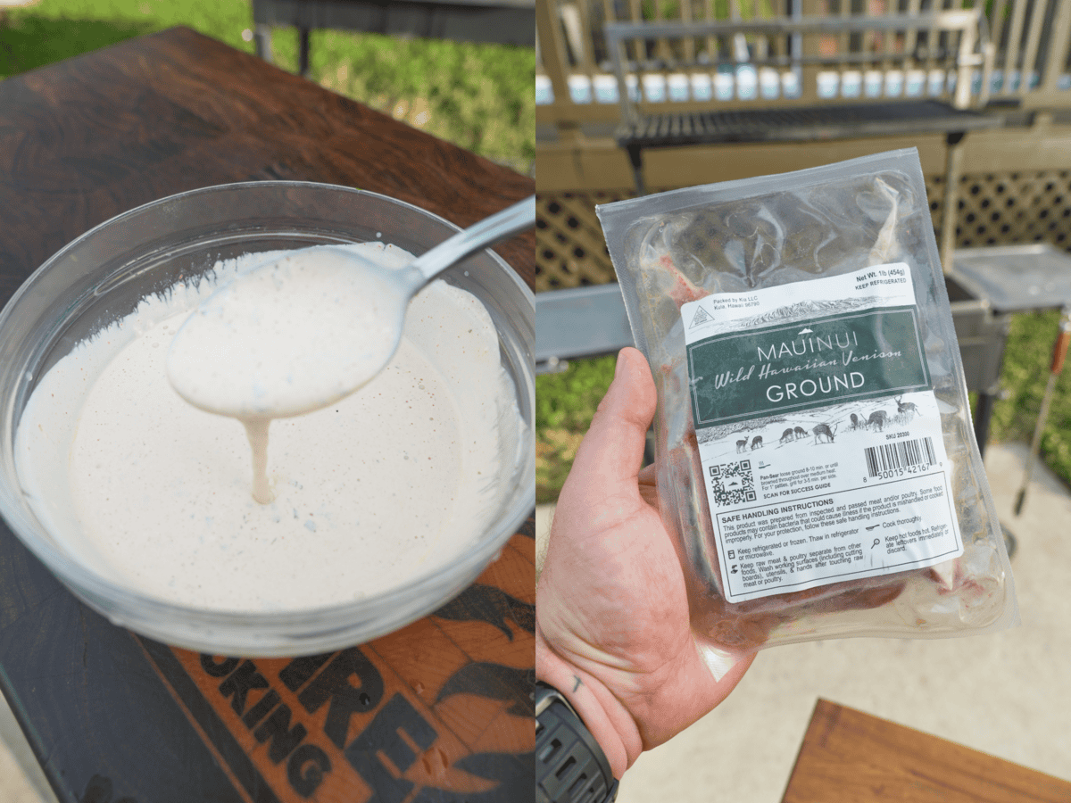 A bowl of finished chipotle lime crema, with a spoon holding some of the mixture to show texture, and a hand holding a package of Maui Nui