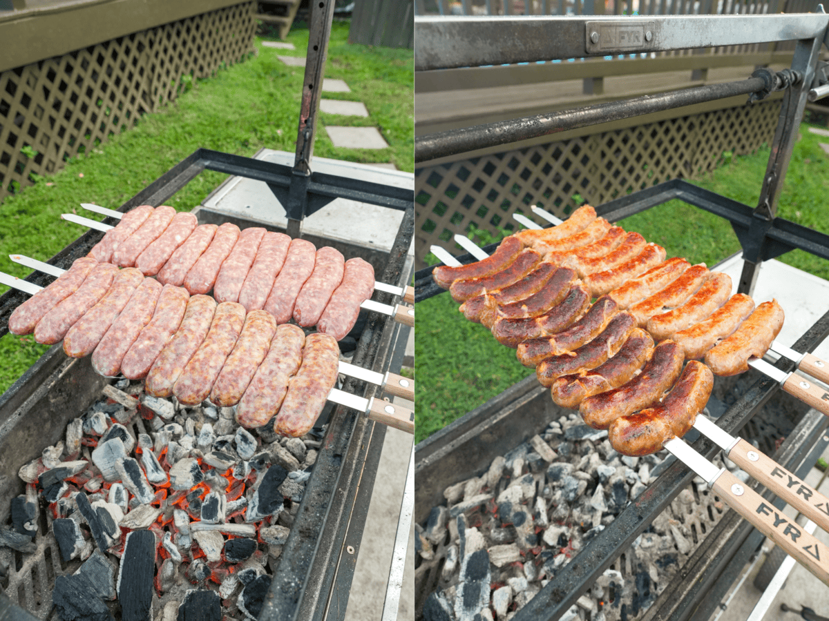 Grilling two skewers of sausages over the FYR Grill, with a shot of the raw sausages and cooked sausages