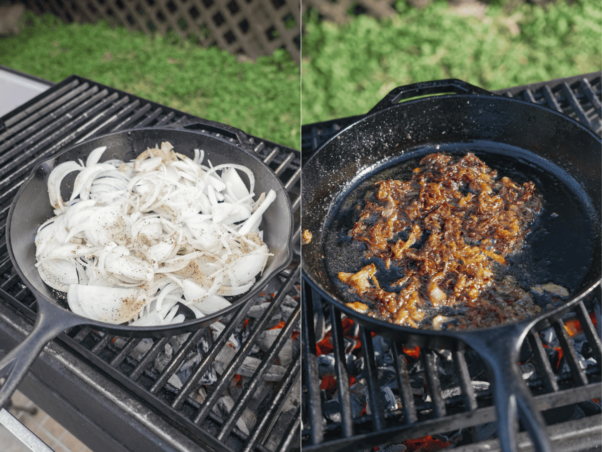 these two photos show the white onions before and after being caramelized in the cast iron pan.