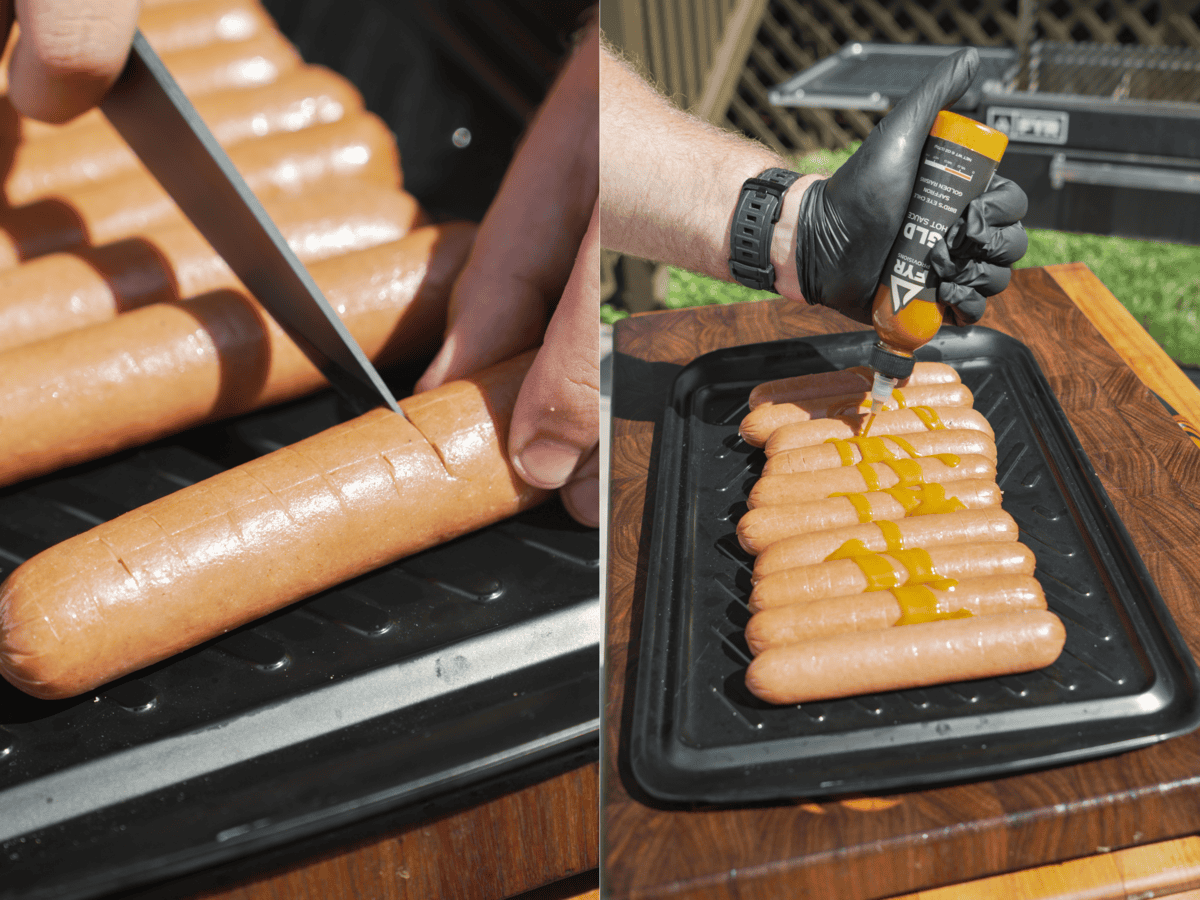 Scoring the hot dogs and adding FYR GLD sauce as the binder.